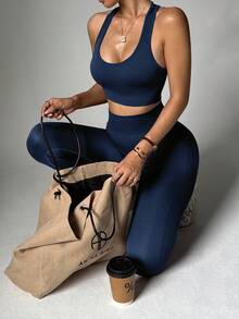 BamGleam Conjunto de ropa deportiva de top de tirantes de cuello de pico y pantalones ajustados de cintura alta para mujer - Azul Marino - Ver 6