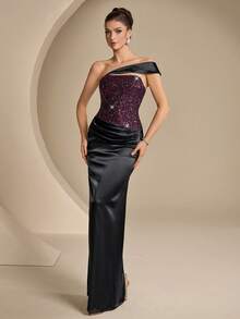 Coutiva Asymmetrical One Shoulder Sequin Satin Mermaid Evening Dress, Ruched High Split Bodycon Formal Party Gown, Elegant Wedding Guest Long Dress - Black - View 7