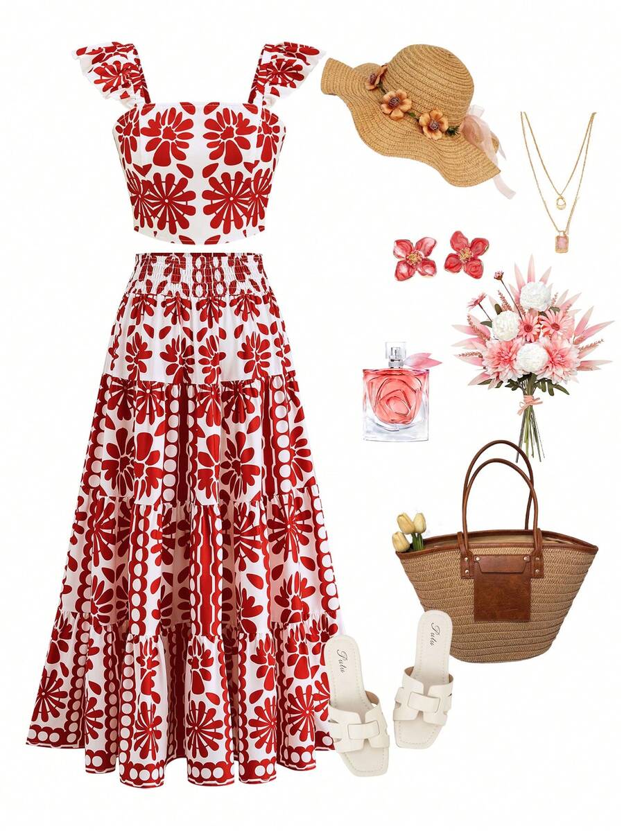 Gownix Damen romantisches, elegantes 2-teiliges Urlaubsset: Top mit Blume Muster und Flügelärmel und geraffter Midi-Rock, geeignet für den Sommer