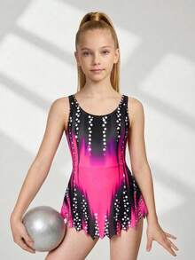 SHEIN Tween Girl Sleeveless Hot Pink Printed Bodysuit,Rhythmic Gymnastics Leotard,School Dance Competition Activewear,Summer Athletic Gym Workout Sportswear - Multicolor - View 3