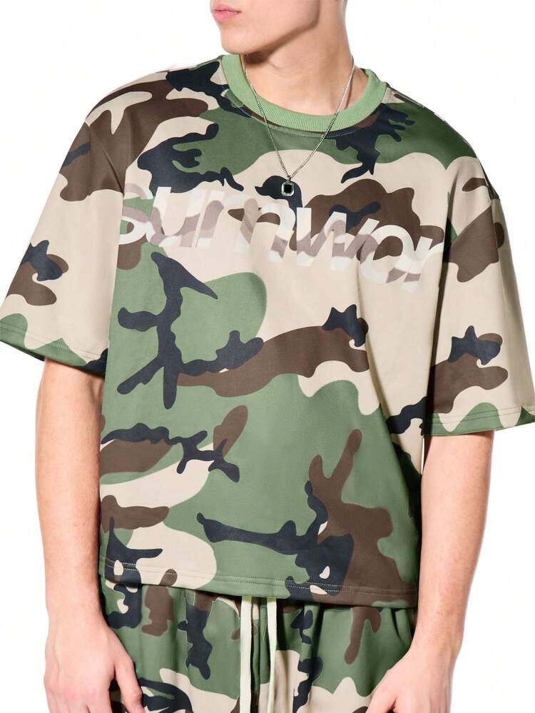 Oversized Camouflage Short Sleeve T-Shirt Crew Neck Graphic Text Print
