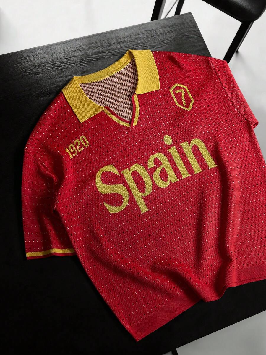 GALLERY FADE Men's Retro Football Jersey Short Sleeve Casual Knit Top For Spain Fans For World Cup Streetwear For Summer - Red - View 1