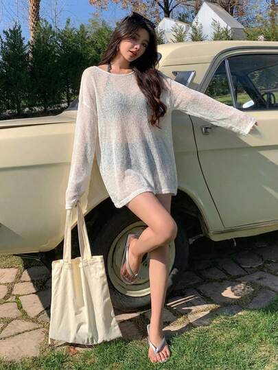 DAZY Women's Solid Color Asymmetric Neck Casual Beach Cover-Up Dress