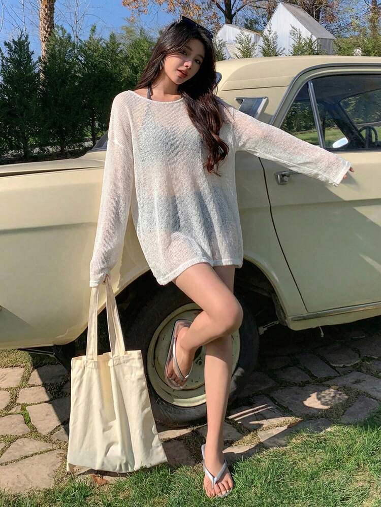 DAZY 女士纯色不对称领休闲沙滩罩衫连衣裙 - 白色 - 查看 2