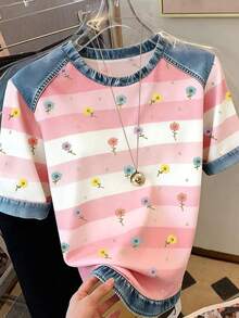 Camiseta casual y de moda para mujer con efecto de parche de mezclilla, estampado a rayas y de cerezas digitales, cuello redondo - Rosa - Ver 3