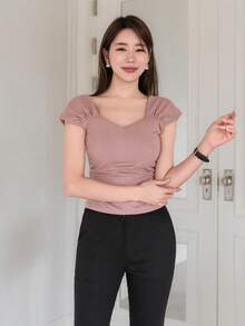 Wynsel Solid Color Short Sleeve T-Shirt With Heart-Shaped Collar And Pleats Summer,Ruffle - Dusty Purple - View 3