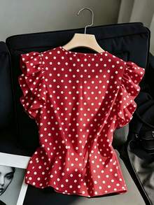 Franclia 女士休闲百搭荷叶边喇叭袖白色衬衫，V领套头衫，波点印花上衣，短袖衬衫，印花背心，夏季度假装 - 紅色 - 查看 2