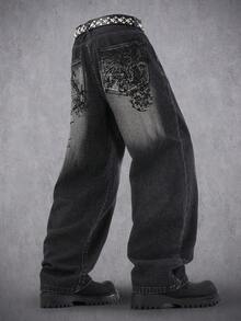 Manfinity Denimwave Men's Casual Pocketed Button Fly Denim Print Pants - Black - View 4