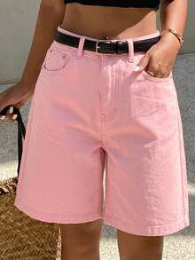 DAZY Women's Comfortable Casual Loose Fit Denim Bermuda Shorts, Summer - Pink - View 2