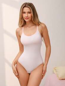 Eraneu 1pc Women Seamless Contrast Color Waist Cincher Shapewear Jumpsuit - White - View 6