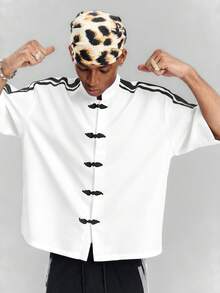 PAVTROS Camisa de manga corta con cuello Mao, cinta de contraste y botones a presión, estilo chino para hombres - Blanco - Ver 3