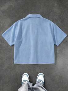 Manfinity Roghcode Camisa de manga corta de estilo casual y holgado de unicolor para hombre - Azul - Ver 2