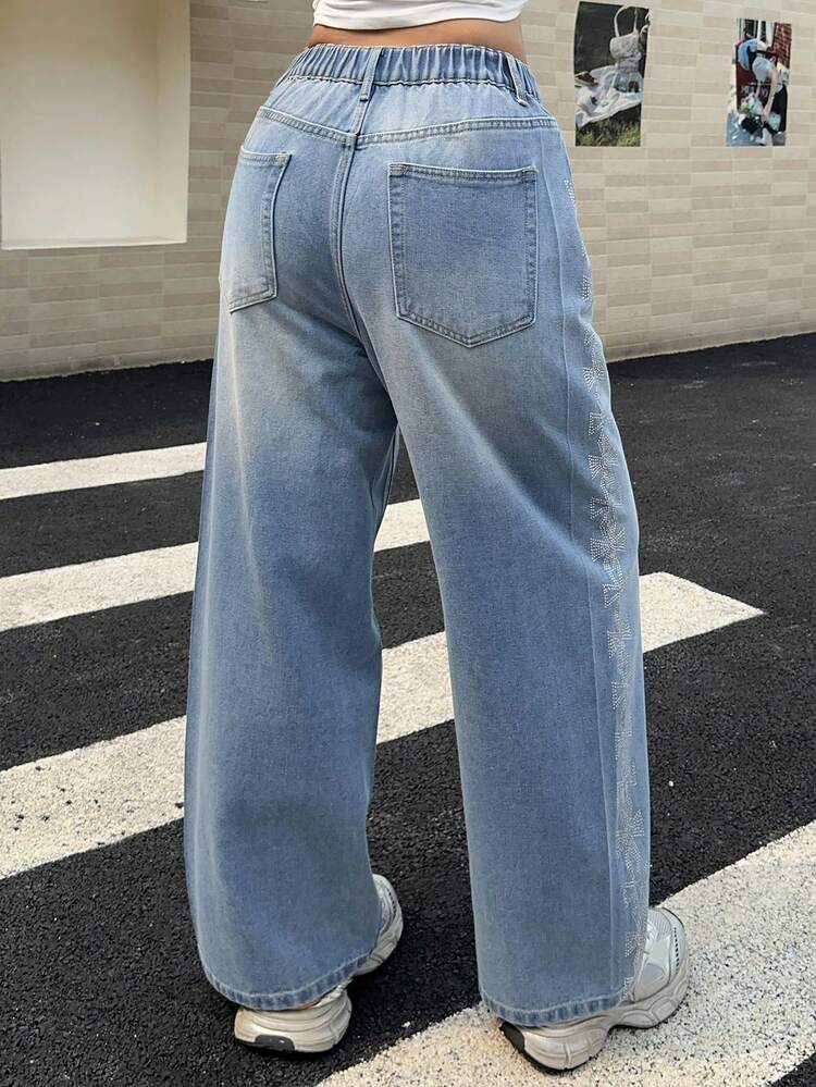 Dazy Plus Plus Size Women's Loose Fit Washed Denim Jeans With Bowknot And Rhinestone Side Seam Decor, Suitable For All Seasons
