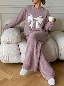 DAZY Plush Knit Butterfly Decor Loose Pajama Set, Winter - Mauve Purple - View 1