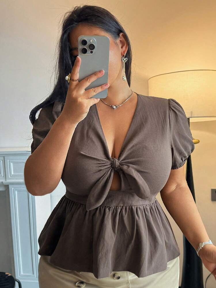 Dazy Plus Plus Size Women's Casual Solid Color V-Neck Hollow Ruffle Hem Puff Sleeve Blouse Shirt For Summer