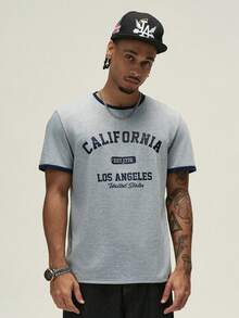 ÉpureWay Standard Size Men's Floral Grey Patchwork Navy Cuff T-Shirt, Casual College Letter Graphic, Versatile Daily Wear - Multicolor - View 4