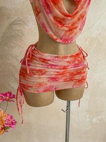 Soleia Orange Digital Print Bikini Set, Includes Bikini Top And Sheer Sarong Skirt, Sexy - Multicolor - View 7
