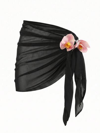 Swim Vcay 女士泳衣罩衫，单件式，饰有3D兰花图案，侧边系带腰身，优雅纱笼