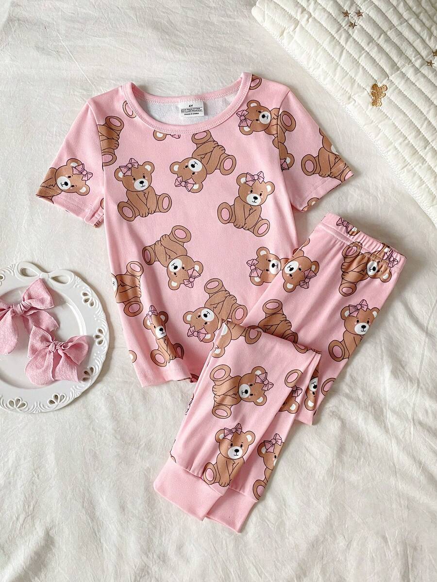 SHEIN 女童贴身睡衣套装,短袖上衣和打底裤,可爱卡通熊图案设计,面料柔软舒适,适合儿童居家穿着,促进健康成长 - 粉色 - 查看 1