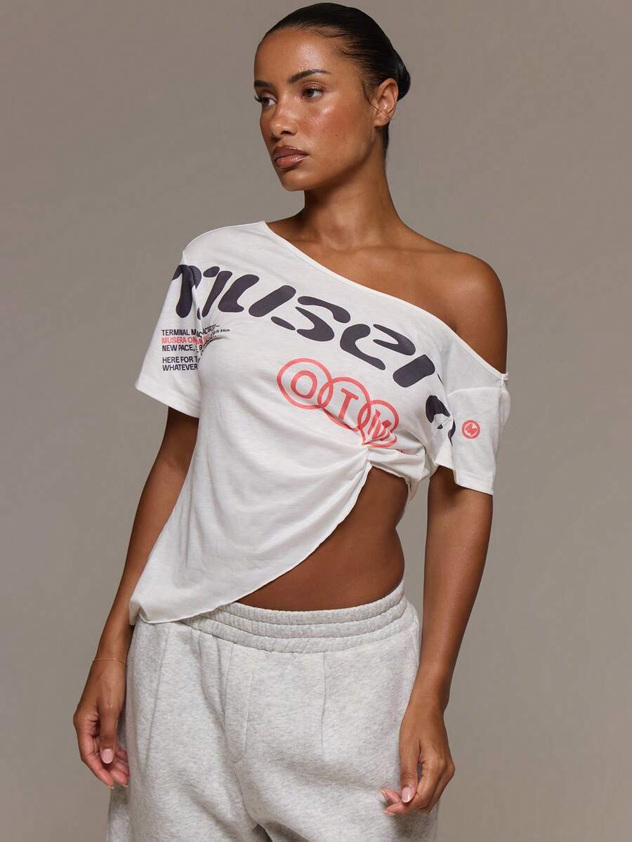 MUSERA Off The Shoulder Graphic Printed Cinched Ruched Side Triangle Hem Tshirt Tee Cute Everyday Daily Lounge Airport Holidays Vacation Summer Altitude - White - View 1
