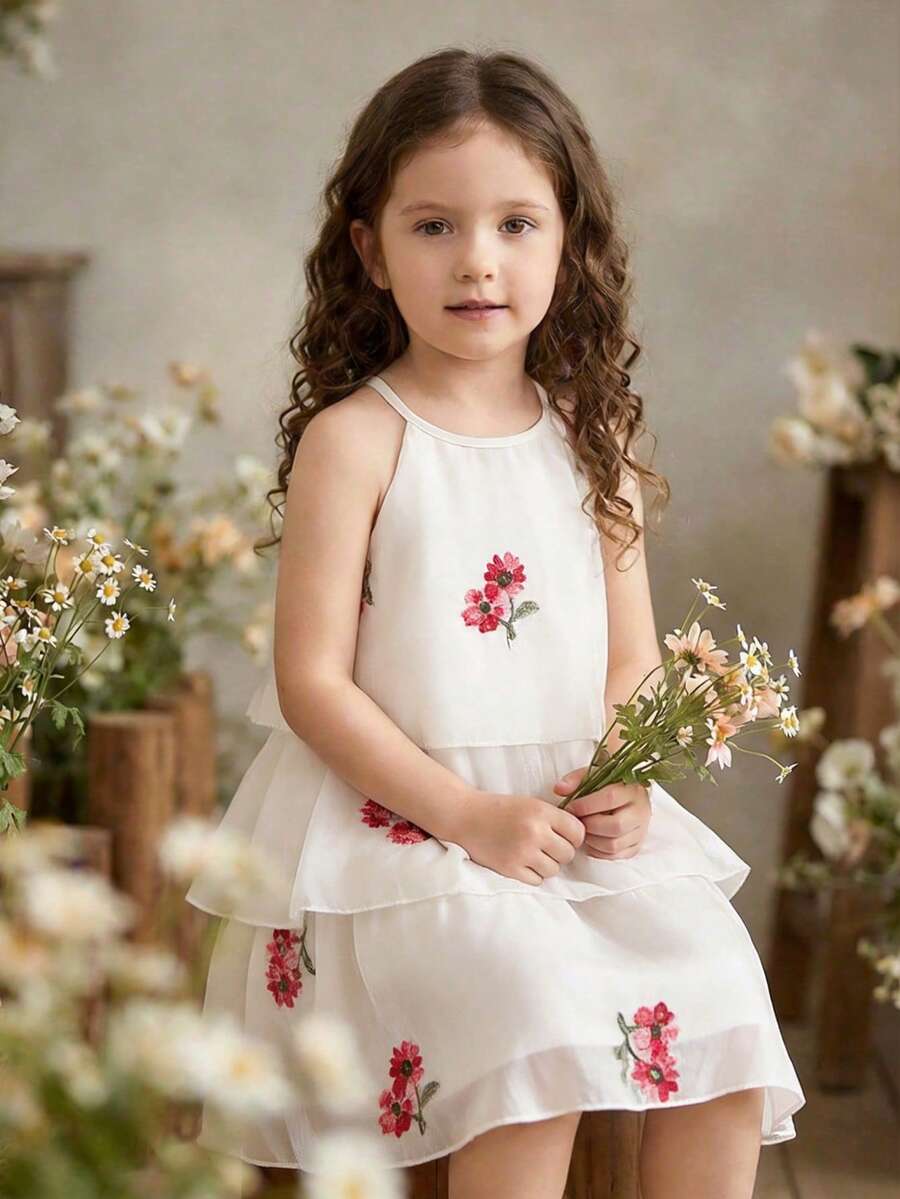 SHEIN Vintaside Kids Đầm công chúa dáng chữ A không tay, cổ bèo nhún bằng vải lưới kiểu Mori ngọt ngào cho bé gái. - trắng - Xem 1