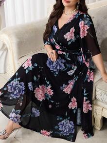 Modelyn 大码女式印花V领褶皱优雅连衣裙 - 彩色 - 查看 6