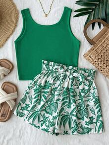 SHEIN Bộ đồ thường ngày 2 món cho bé gái tuổi teen, gồm áo tank top và quần short in họa tiết màu xanh lá cây. - màu xanh lá - Xem 1