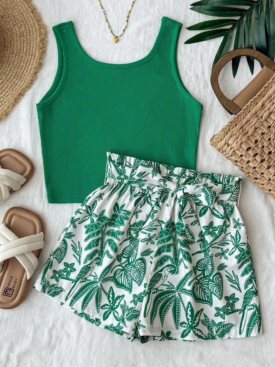 SHEIN Bộ đồ thường ngày 2 món cho bé gái tuổi teen, gồm áo tank top và quần short in họa tiết màu xanh lá cây. - màu xanh lá - Xem 1