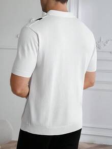 Core Aspect 男士半拉链翻领竖条纹针织Polo衫，短袖休闲套头衫，通勤必备 - 白色 - 查看 3