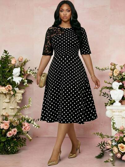 Fleurora Plus Size Elegant Party Lace Patchwork Polka Dot Print Dress