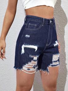 Jeanoix Women's High Waist Pocket Distressed Frayed Hem Denim Shorts Concert Navy Blue And White Summer Casual - Dark Wash - View 5