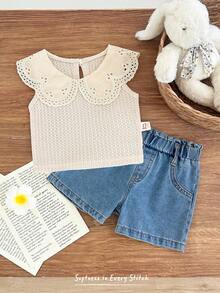 Cozy Pixies Áo vest cổ phồng màu mơ dễ thương cho bé gái, chất liệu vải dệt họa tiết, kết hợp với quần short màu xanh nhạt đa năng. - Nhiều màu - Xem 1