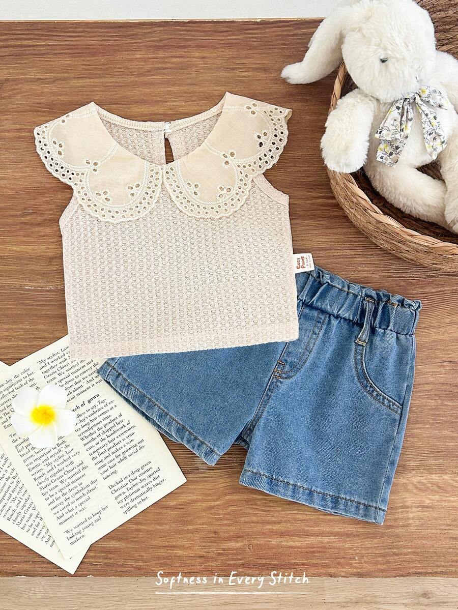 Cozy Pixies Áo vest cổ phồng màu mơ dễ thương cho bé gái, chất liệu vải dệt họa tiết, kết hợp với quần short màu xanh nhạt đa năng. - Nhiều màu - Xem 1
