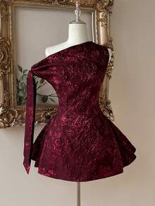 Elegantes romantisches Mode Burgunderrotes Jacquard-Gewebe asymmetrisches Reißverschluss A-Linien Kleid, geeignet für Abschlussfeier, Schulöffnung, Musikfestival, Geburtstagsfest, Hochzeit, Nachmittagstee, Tanzparty, Brautkleid, Geschenk - Bordeaux - Übersicht 1