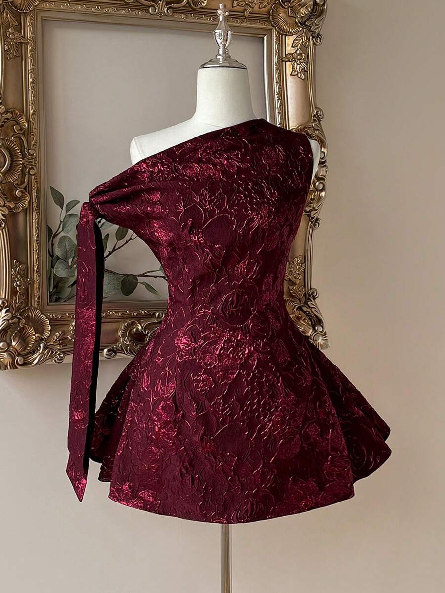 Elegantes romantisches Mode Burgunderrotes Jacquard-Gewebe asymmetrisches Reißverschluss A-Linien Kleid, geeignet für Abschlussfeier, Schulöffnung, Musikfestival, Geburtstagsfest, Hochzeit, Nachmittagstee, Tanzparty, Brautkleid, Geschenk - Bordeaux - Übersicht 1
