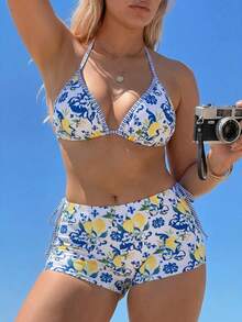 Swim Mod Bộ bikini 3 mảnh gợi cảm mùa xuân/hè 2026 mới về, in kỹ thuật số, có đệm mút rời, dây buộc nơ phía sau, quần tam giác viền ren thanh lịch, phong cách nghỉ dưỡng thường ngày. - Nhiều màu - Xem 9