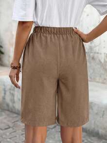 SHEIN LUNE Bermudas de talle medio con bolsillos laterales, corte holgado de unicolor, estilo básico esencial - Caqui - Ver 2