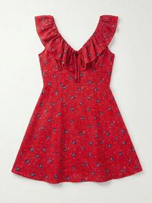 lacRébo 红色碎花A字迷你连衣裙，前后领口均饰有荷叶边，可爱春夏休闲度假连衣裙，红色碎花连衣裙，荷叶边连衣裙，法式风格 - 紅色 - 查看 7