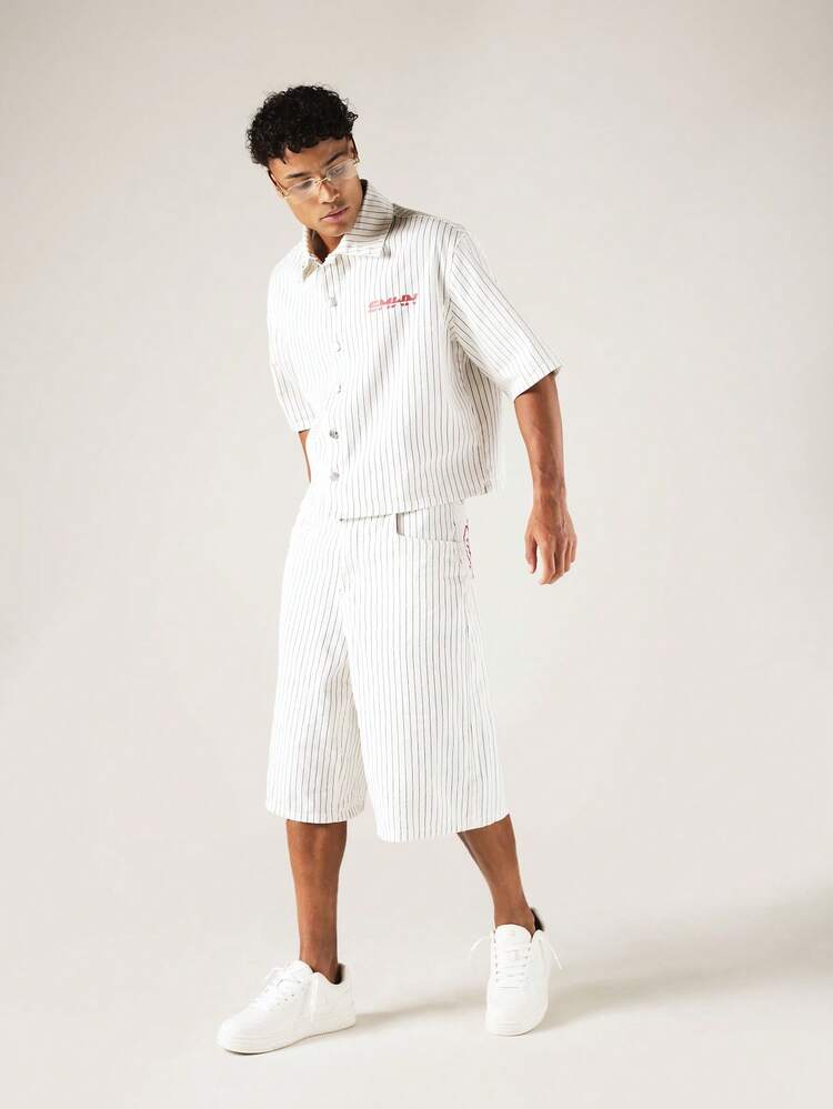 Pinstripe Denim Shorts With Back Logo Print, Relaxed Fit Knee Length, Summer Street Style