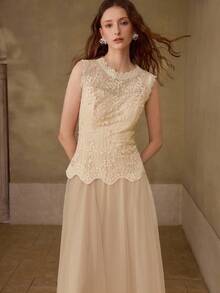 MOTF PREMIUM SUMMER DESIGN MESH PATCHWORK SLEEVELESS 3D FLORAL LACE ELEGANT PLEATED DRESS FOR WOMEN - Apricot - View 5