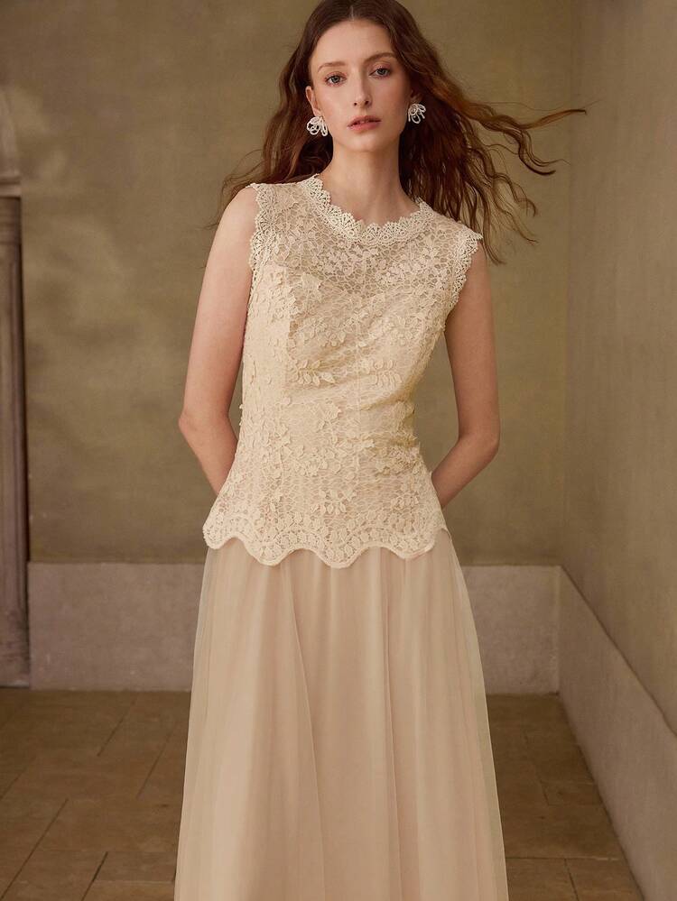 SUMMER DESIGN MESH PATCHWORK SLEEVELESS 3D FLORAL LACE ELEGANT PLEATED DRESS FOR WOMEN