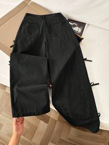 Comfortcana Quần jeans nữ denim mài bạc màu, kiểu dáng thường ngày, có nơ trang trí và xẻ tà bên hông. - màu đen - Xem 2