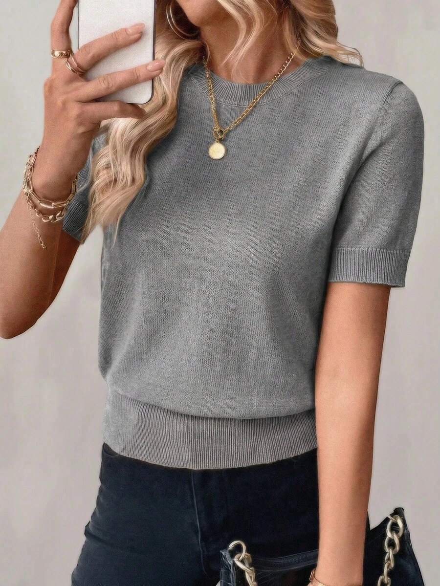 Pariaura Solid Color Round Neck Casual Daily Short Sleeve Knit Top, Spring/Summer - Light Grey - View 1