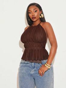 SHEIN SXY Elegant Sleeveless Brown Sheer Halter Top With Ruched Waist And Peplum Hem - Brown - View 5