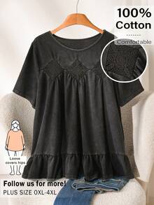 CosyJoli Plus Size Women's Black T-Shirt, Washed Short Sleeve Top, Casual Boho Clothing, Outerwear, Cute Summer Ruffle Hem Women Wear For Vacation Date Night - Black - View 2