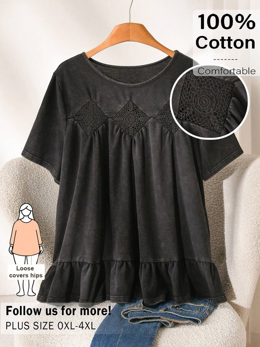 CosyJoli Plus Size Women's Black T-Shirt, Washed Short Sleeve Top, Casual Boho Clothing, Outerwear, Cute Summer Ruffle Hem Women Wear For Vacation Date Night