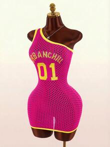 Bumpella Autumn Letter Print Contrast Color Asymmetrical Shoulder Sheer Mini Dress For Women Club Night Pink Yellow Sexy - Pink - View 11