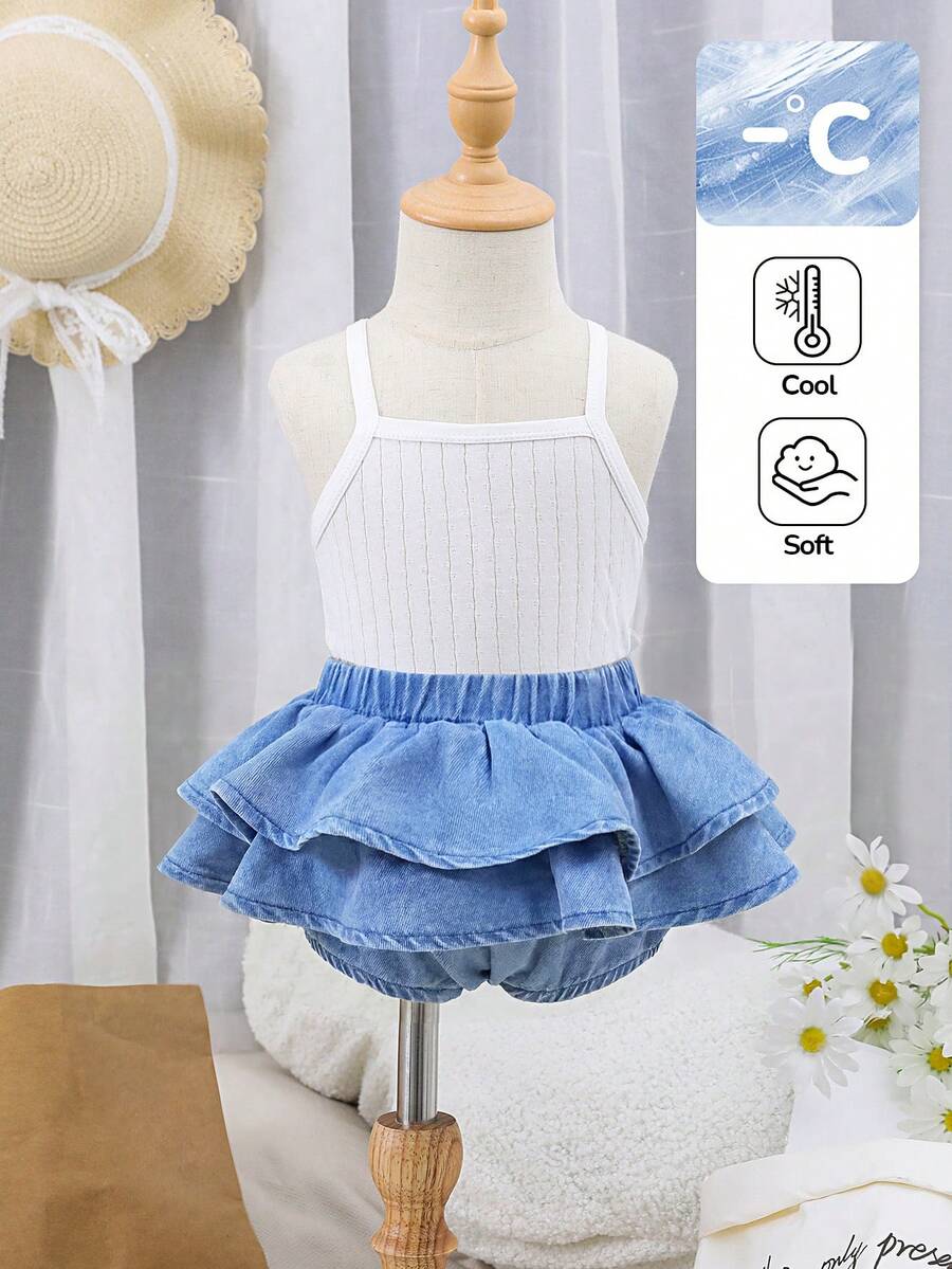 SHEIN Shorts vaqueros con volantes para niñas pequeñas, suaves y cómodos, ligeros para primavera/verano - Azul lavado medio - Ver 1