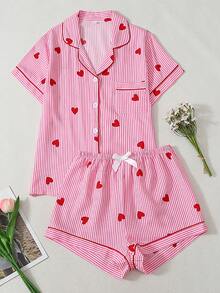 Joivida 2-Piece Pajama Set Short-Sleeved Shorts Striped Heart  Print Casual Women's Home Wear Set - Pink - View 4