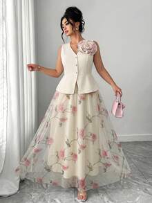 Elenzga Women's Elegant Summer Beige Wedding Guest Wedding Ninang Mesh Floral Print Set,Solid Color V-Neck Blouse With Metal Button,Dreamy Pink Set - Apricot - View 4